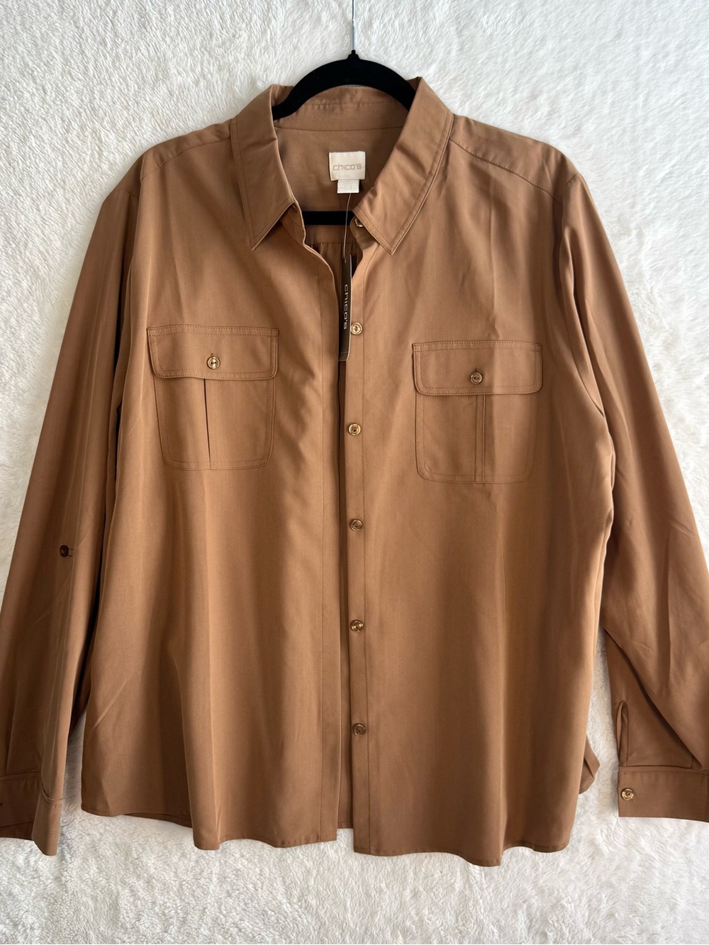 Chico’s Silky Soft Classic Shirt Women’s 3 XL 16 Brevity Brown Button Up NEW